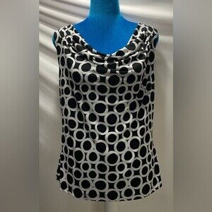 Calvin Klein Sleeveless Drape Neckline Black White Polka Dot Blouse Sz PL Petite